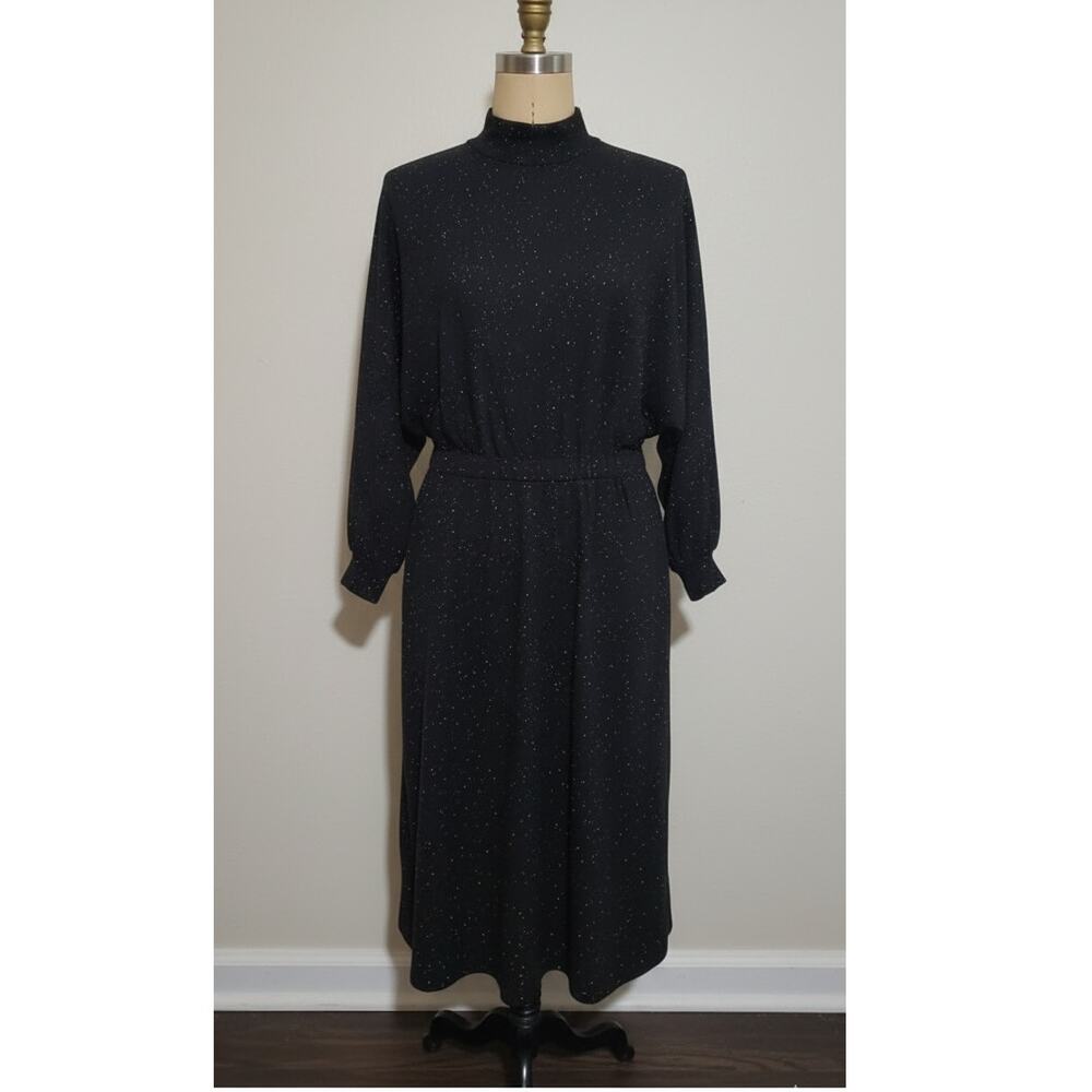 Vtg‎ 1980s Hearts Black Mock Neck Long Sleeve Evening Maxi Dress Womans Size 7/8